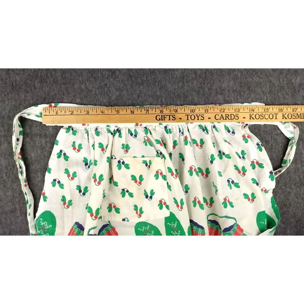 Vintage Cloth HALF APRON Holiday Christmas Lights Mittens White Green Red Pocket